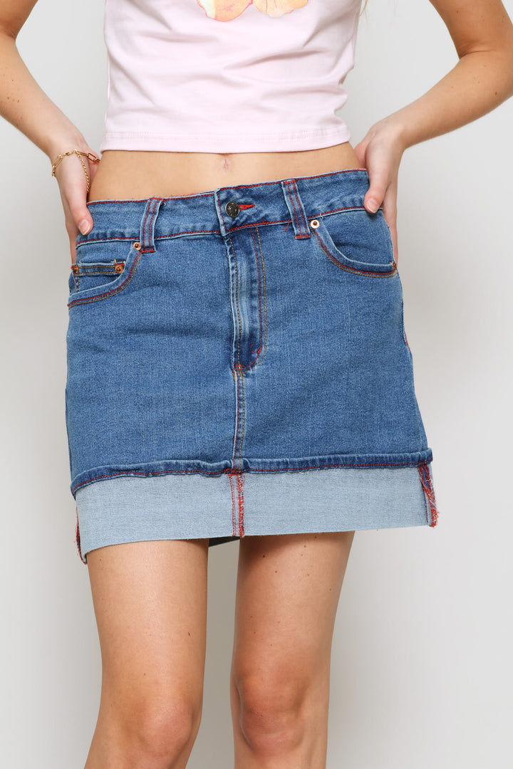 Stretch Turn Up Hem Denim Skirt - Salty Mid Wash
