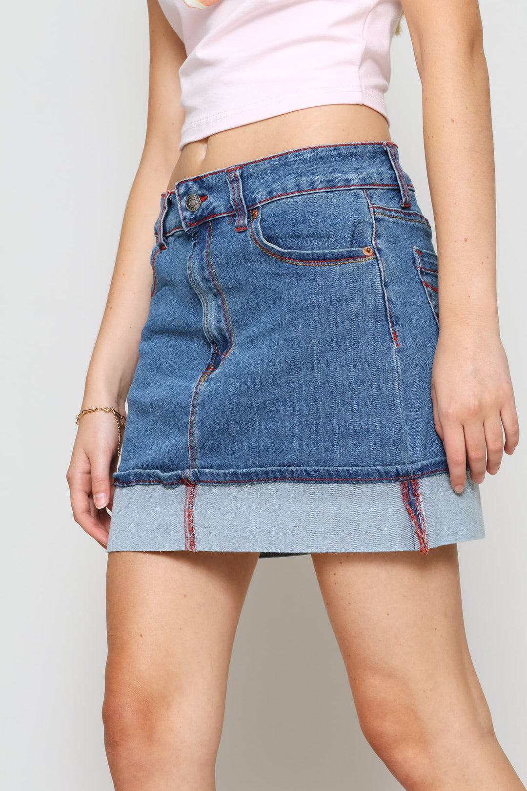 Stretch Turn Up Hem Denim Skirt - Salty Mid Wash