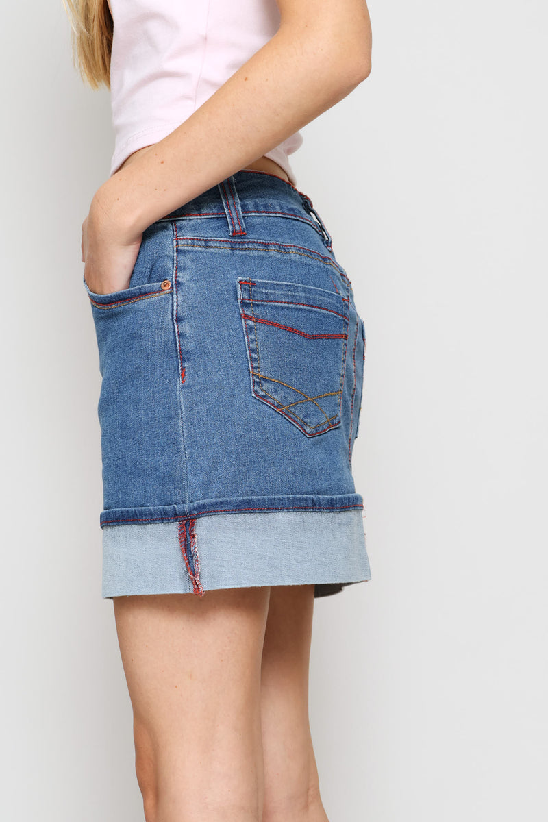 Stretch Turn Up Hem Denim Skirt - Salty Mid Wash