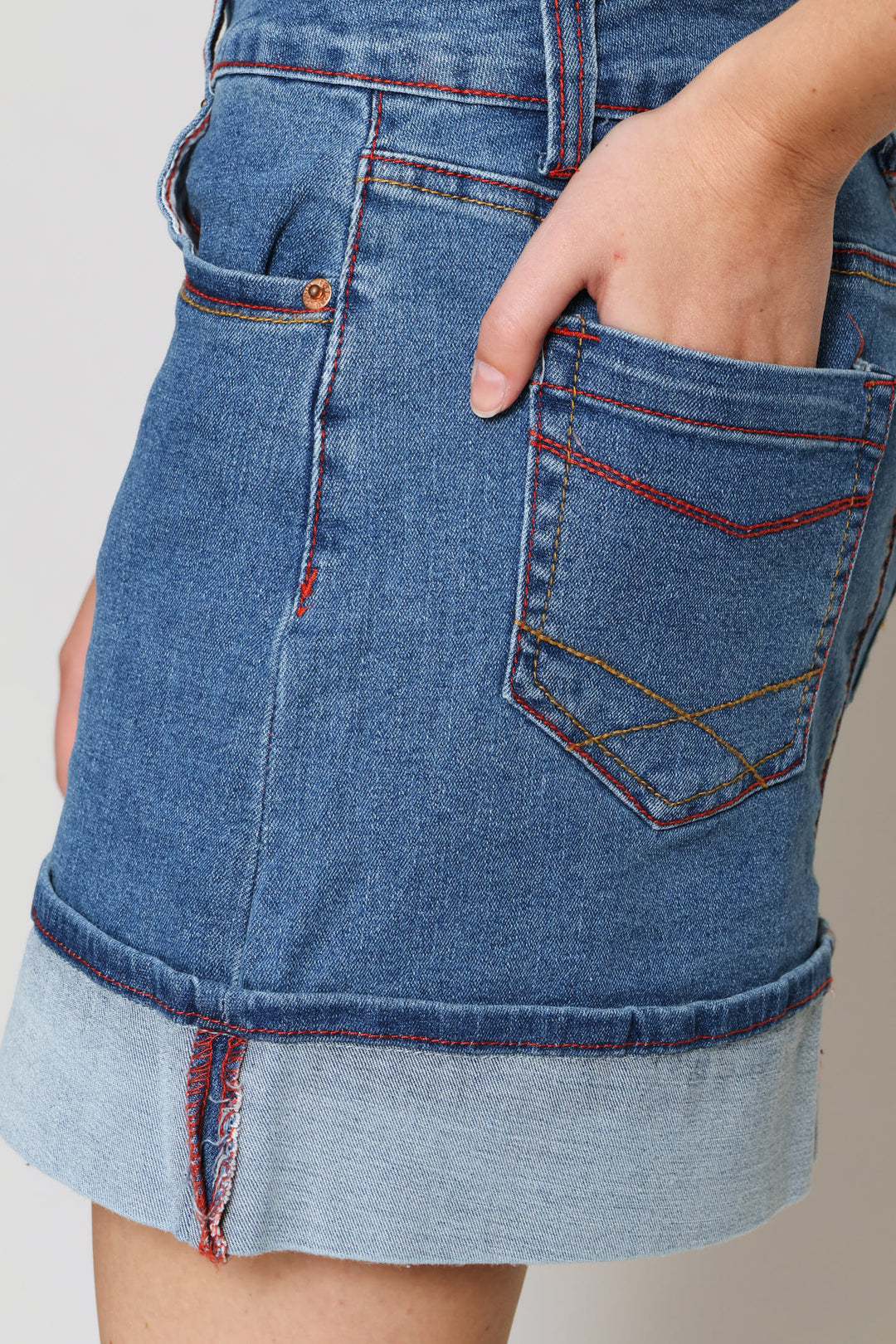 Stretch Turn Up Hem Denim Skirt - Salty Mid Wash