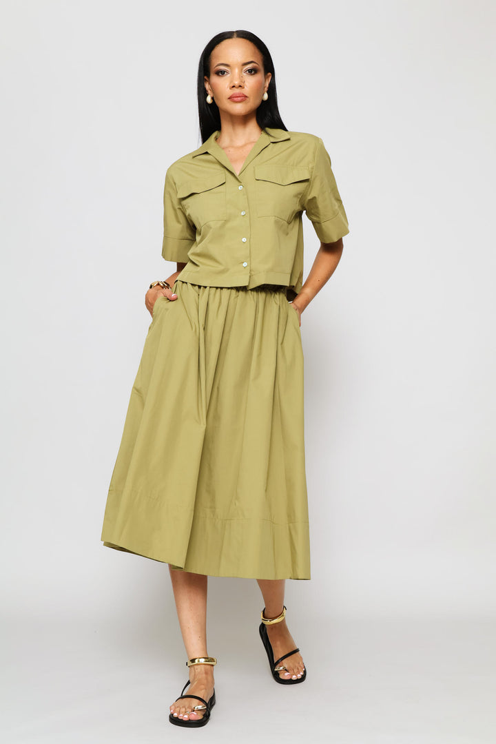 Flared Poplin Wide Hem Midi Skirt - Light Fatigue