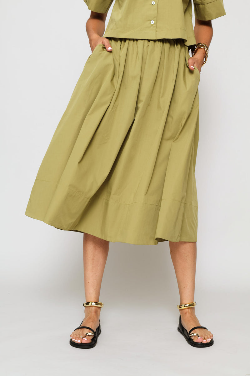 Flared Poplin Wide Hem Midi Skirt - Light Fatigue