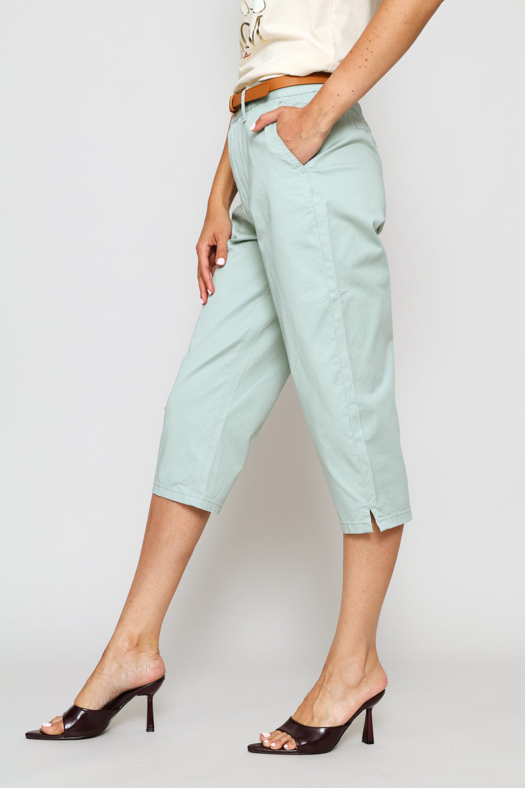 Belted Sateen Chino Capri Shorts - Mint
