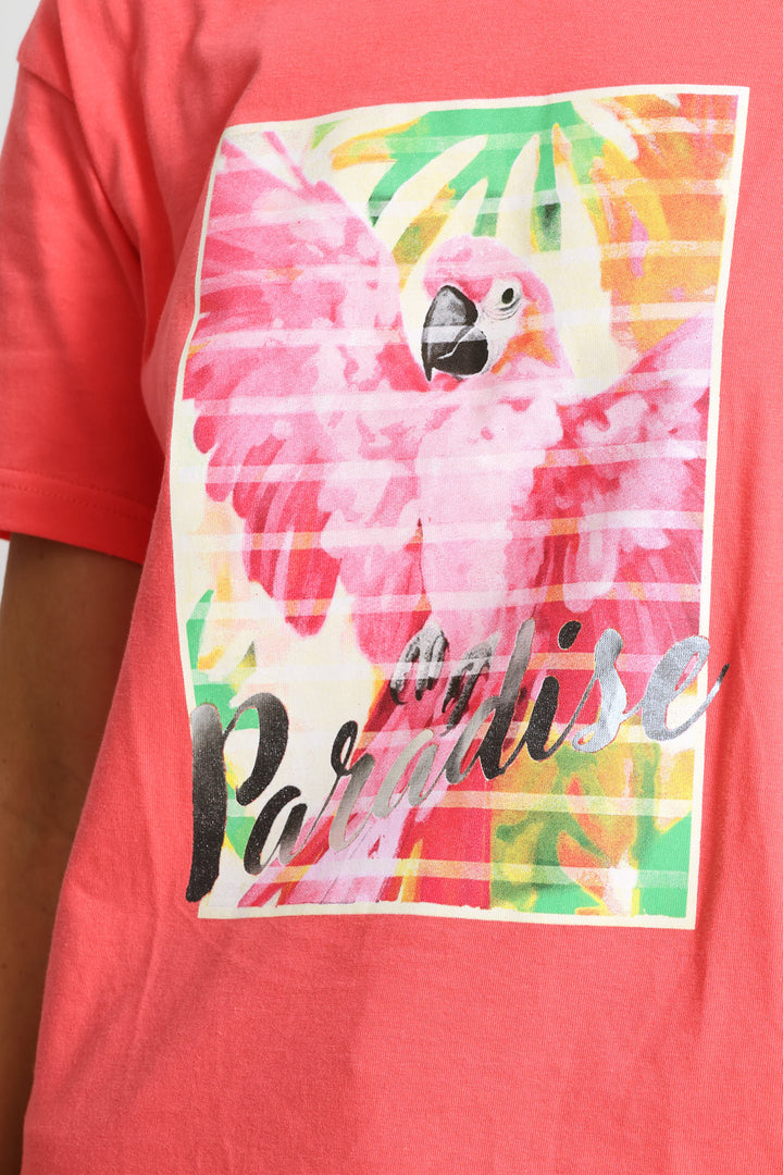 Paradise Parrot Foil Tee - Coral Pink