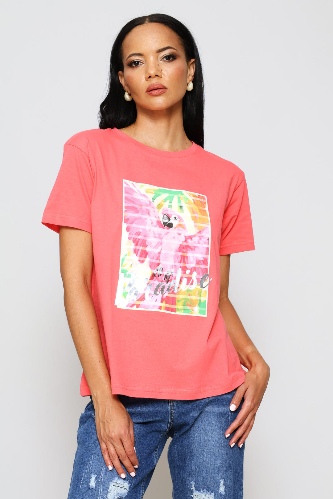 Paradise Parrot Foil Tee - Coral Pink