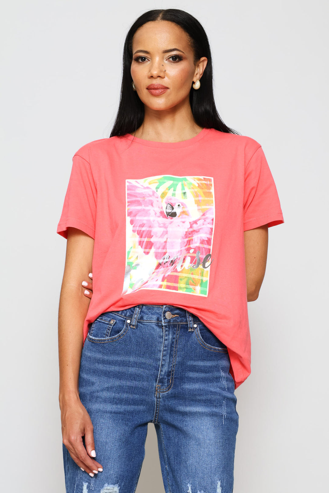 Paradise Parrot Foil Tee - Coral Pink