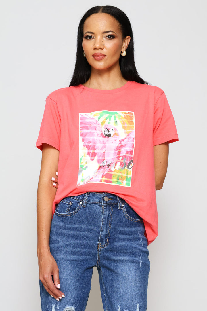 Paradise Parrot Foil Tee - Coral Pink
