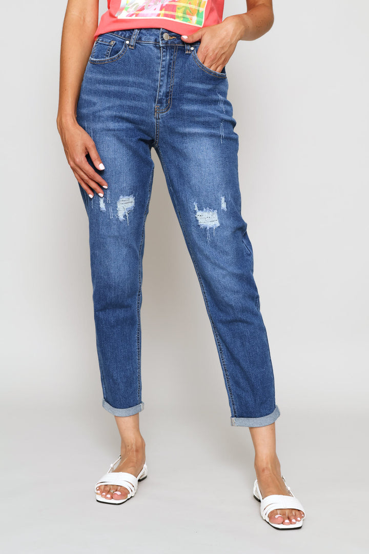 Hi-Rise Rip & Repair Turnup Mom Jean - Stonewash