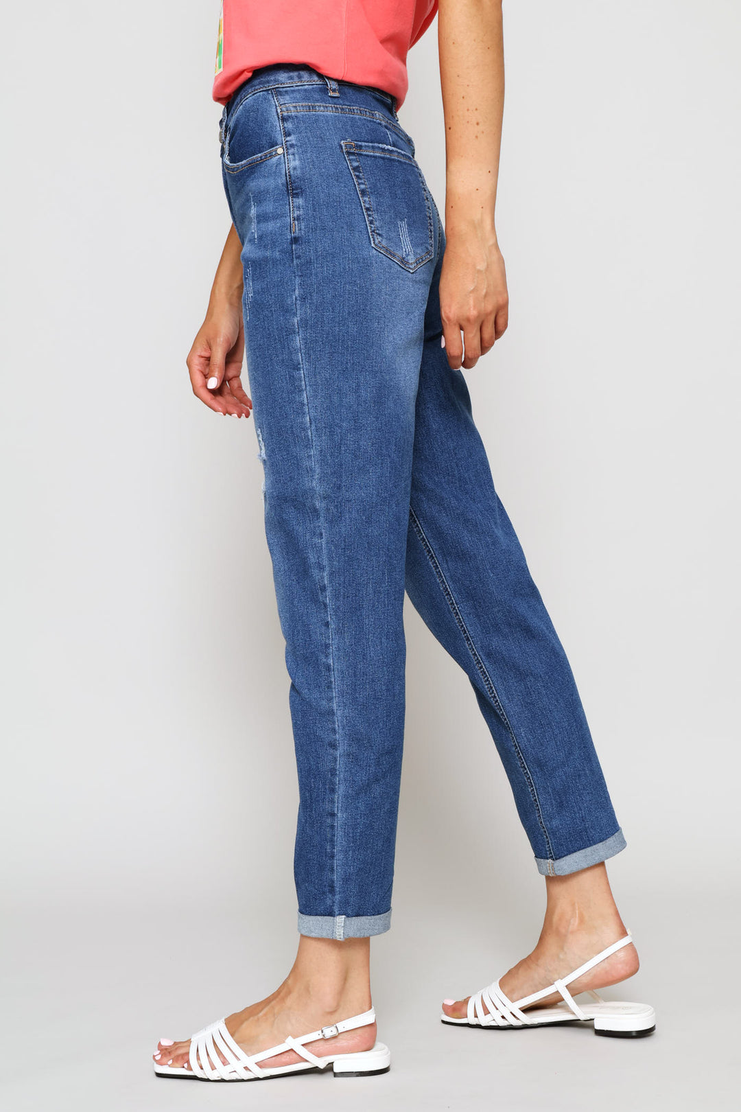 Hi-Rise Rip & Repair Turnup Mom Jean - Stonewash