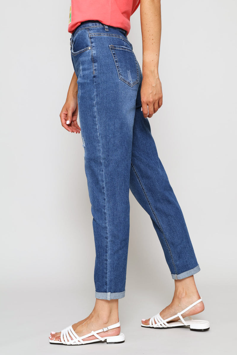 Hi-Rise Rip & Repair Turnup Mom Jean - Stonewash