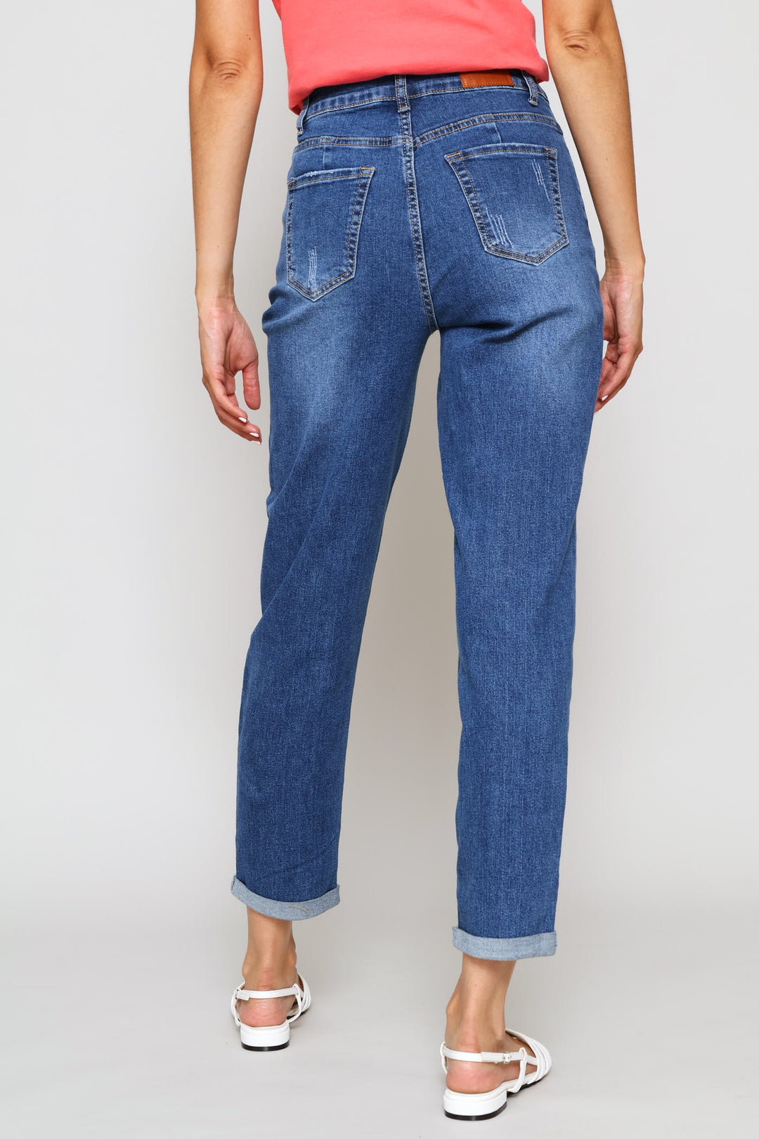 Hi-Rise Rip & Repair Turnup Mom Jean - Stonewash