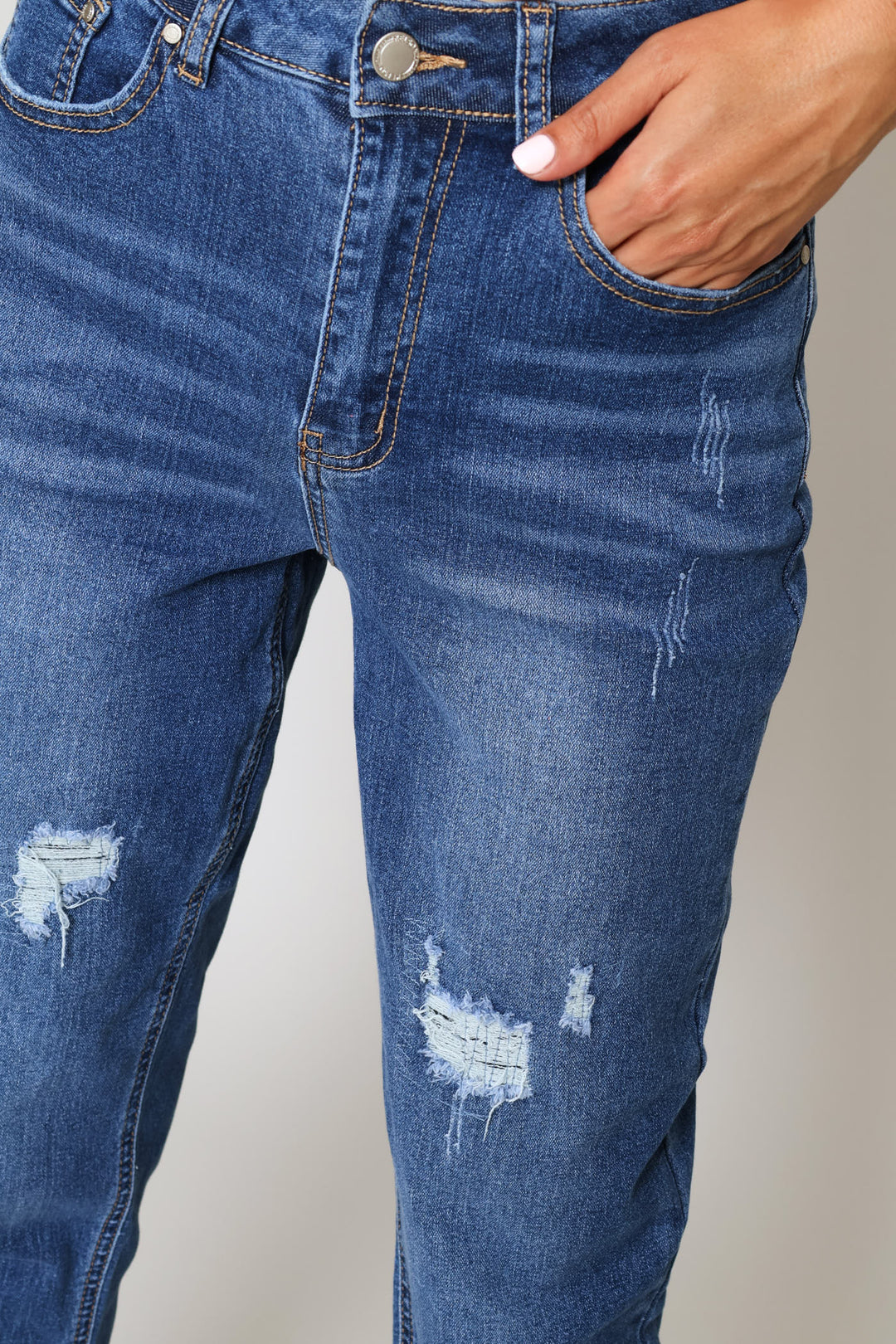 Hi-Rise Rip & Repair Turnup Mom Jean - Stonewash