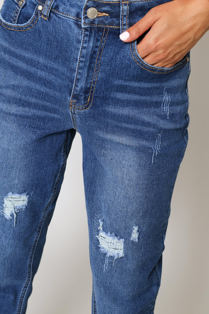 Hi-Rise Rip & Repair Turnup Mom Jean - Stonewash