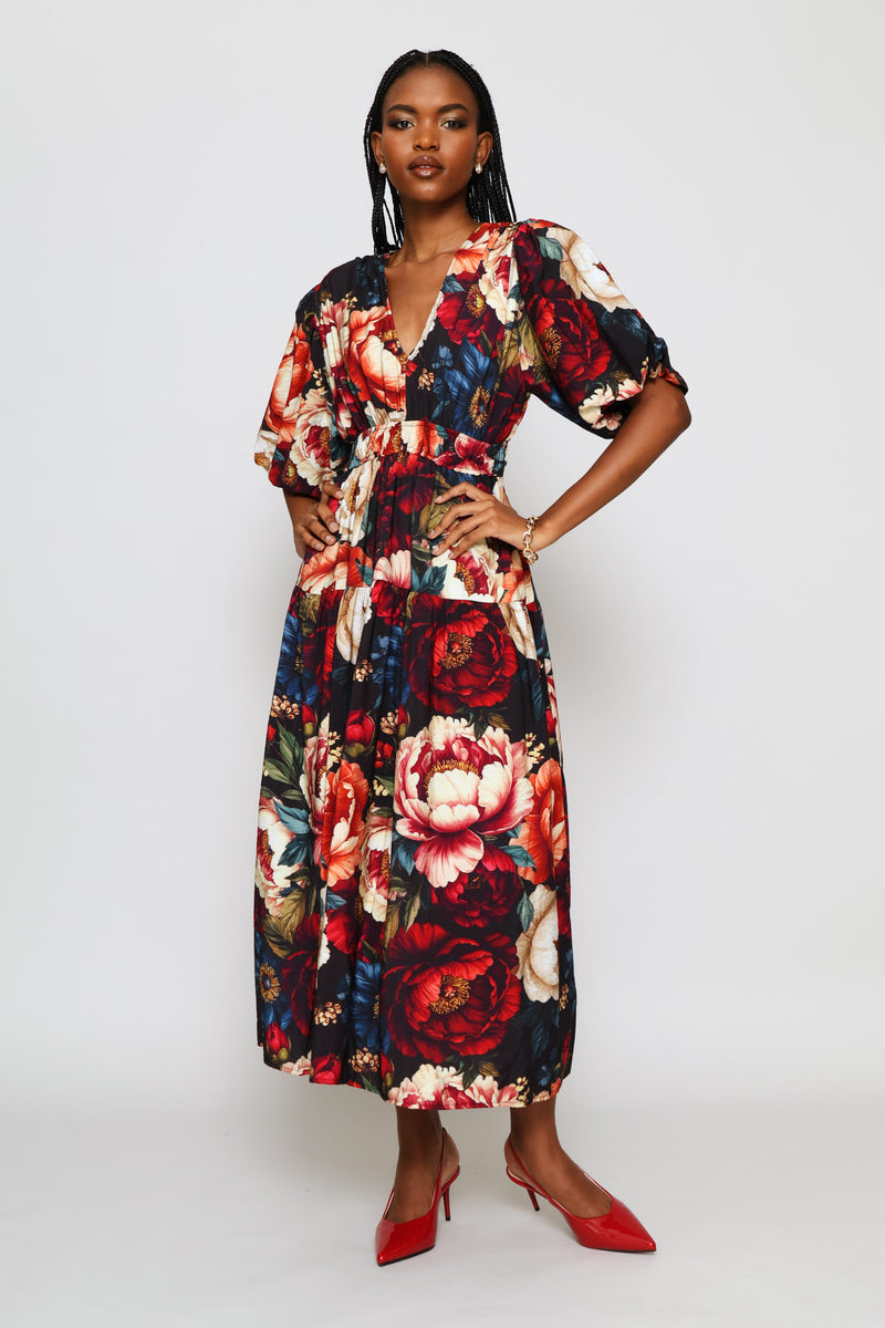 Bubble Sleeve V-Neck Tiered Midi Dress - Multi