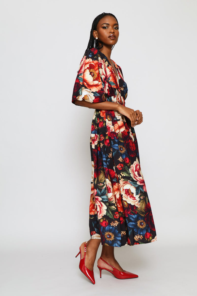 Bubble Sleeve V-Neck Tiered Midi Dress - Multi