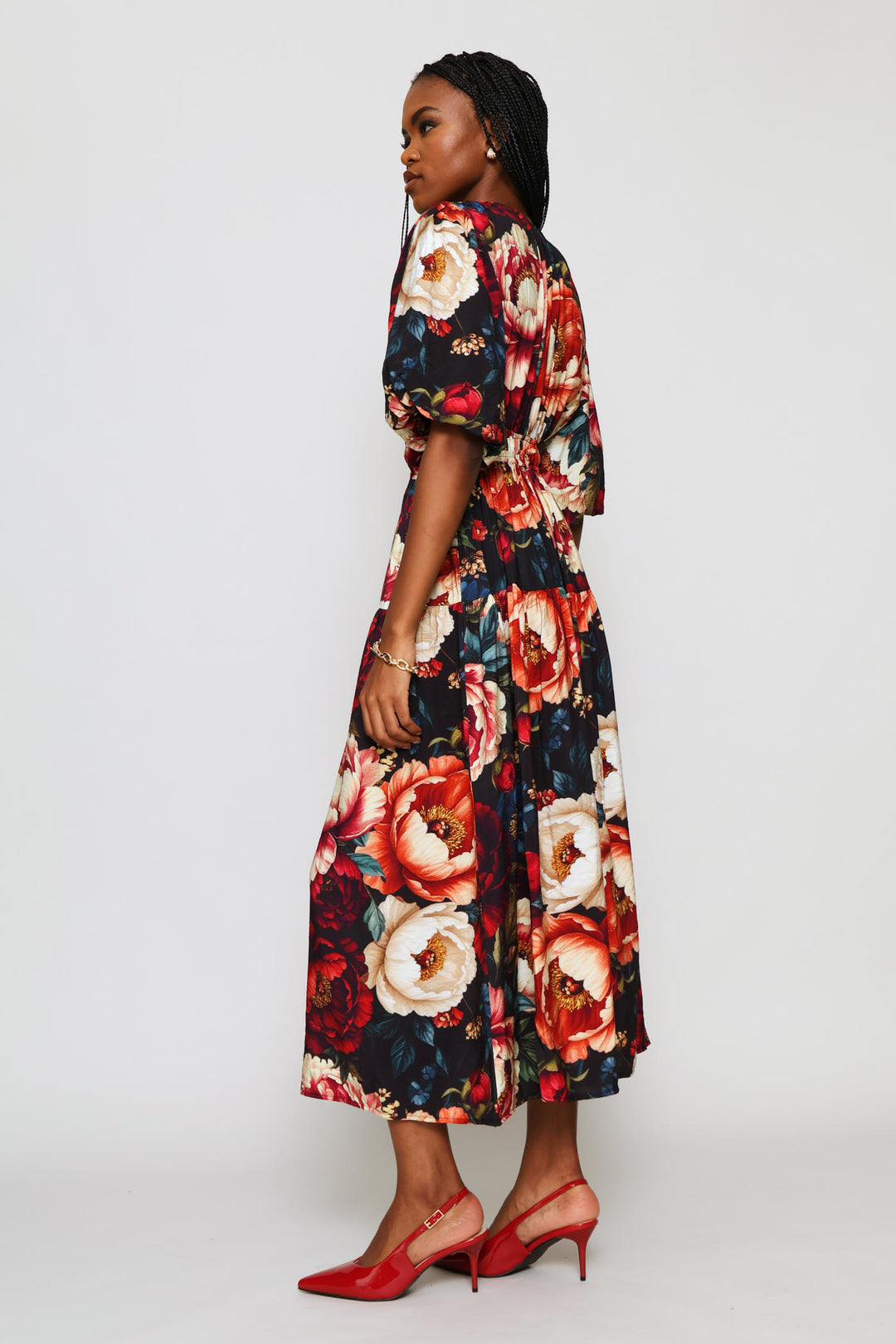 Bubble Sleeve V-Neck Tiered Midi Dress - Multi