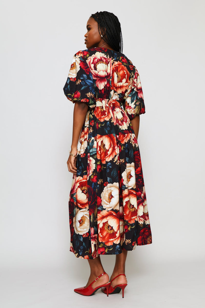 Bubble Sleeve V-Neck Tiered Midi Dress - Multi