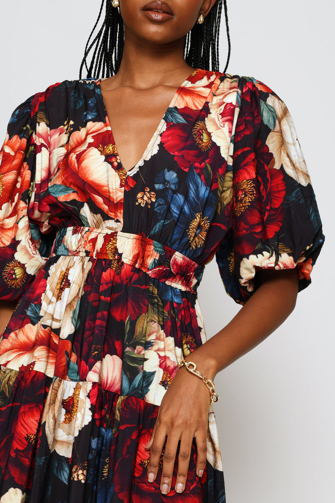 Bubble Sleeve V-Neck Tiered Midi Dress - Multi