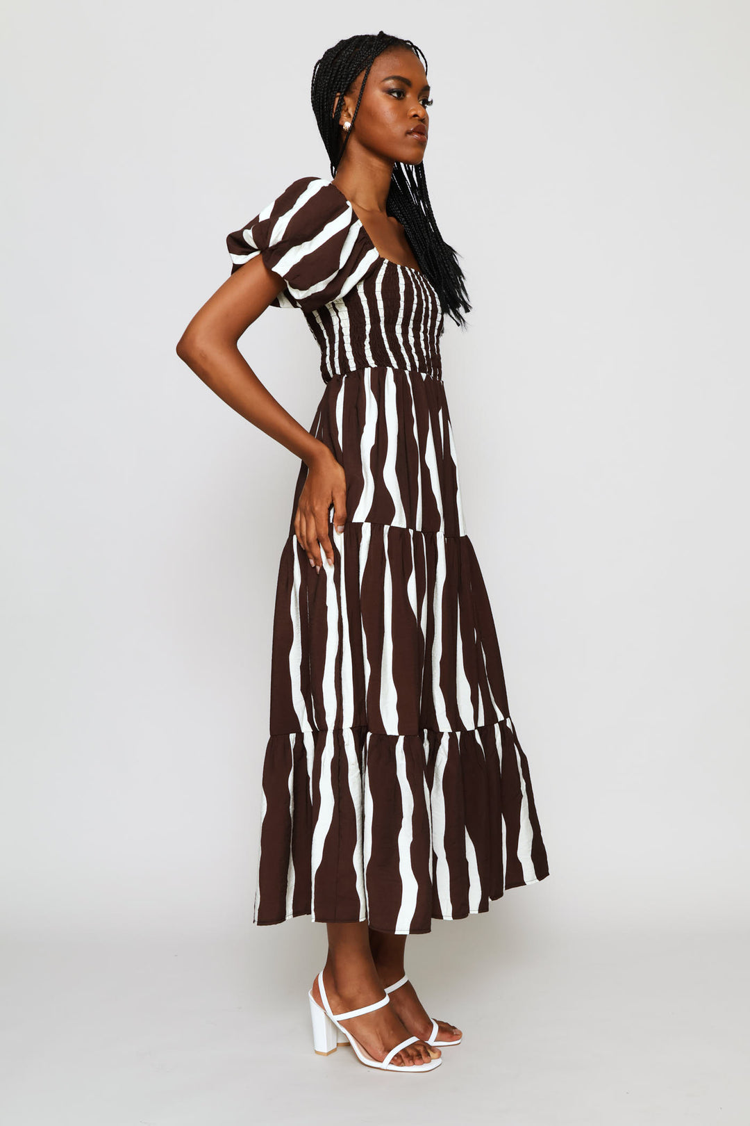 Bubble Sleeve Shirred Bodice Tiered Midi Dress - Cream/Chocolate