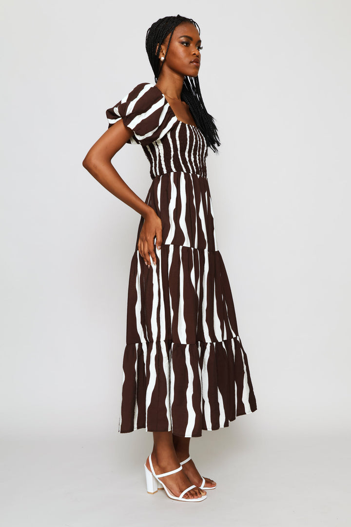 Bubble Sleeve Shirred Bodice Tiered Midi Dress - Cream/Chocolate
