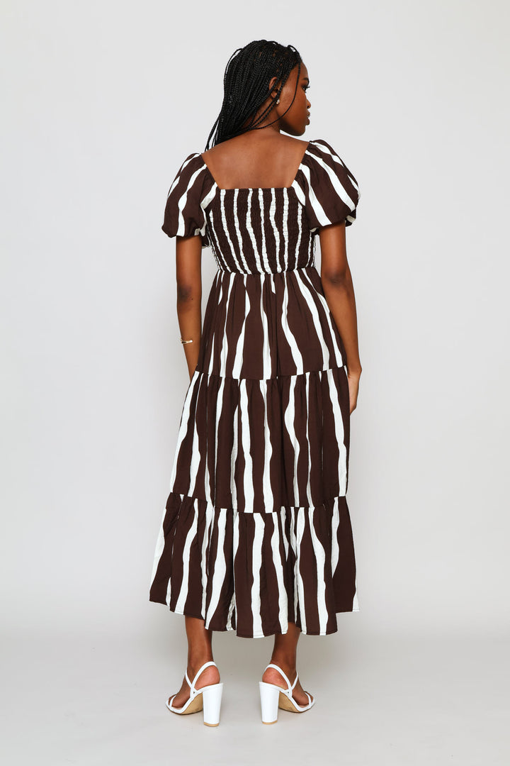 Bubble Sleeve Shirred Bodice Tiered Midi Dress - Cream/Chocolate