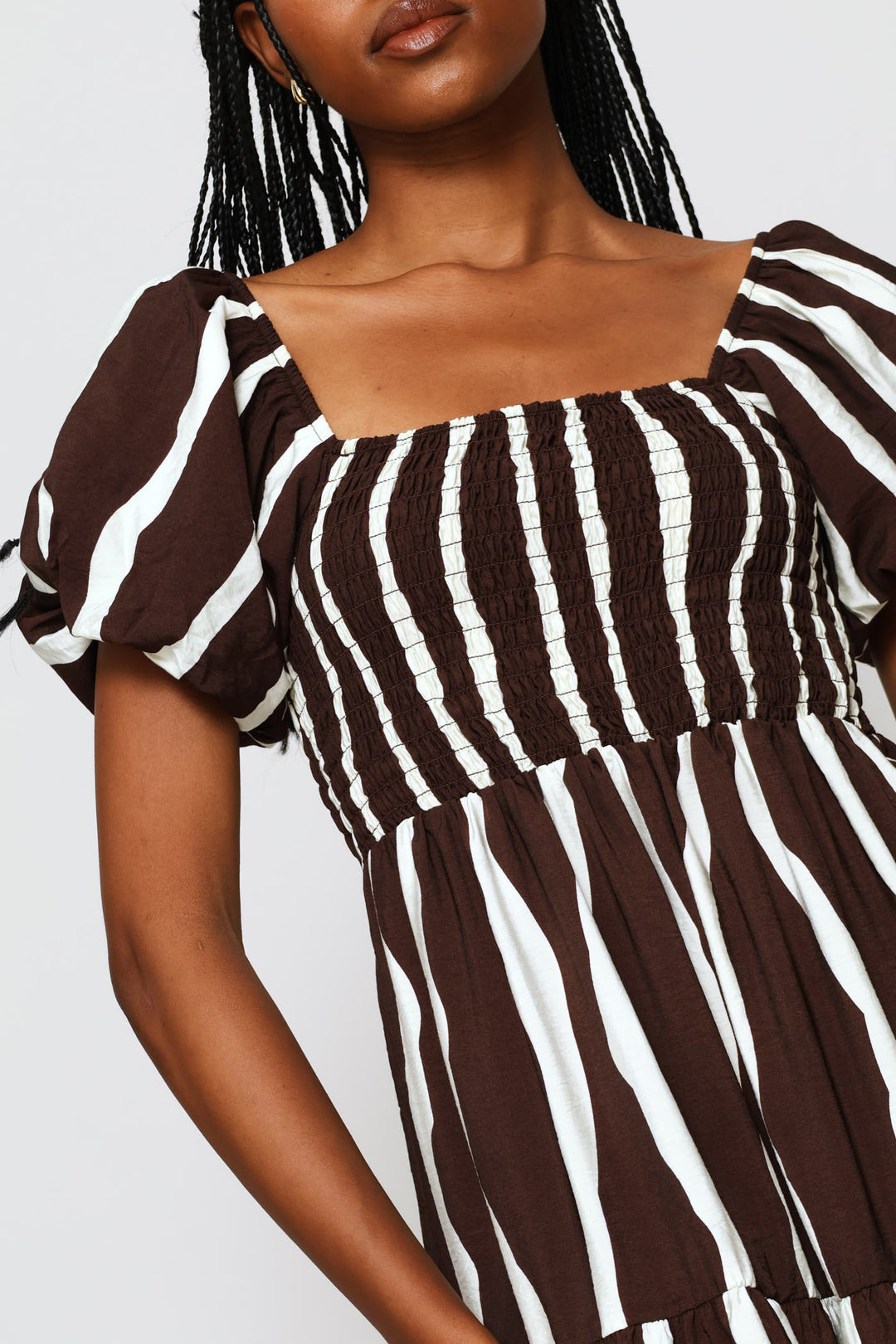 Bubble Sleeve Shirred Bodice Tiered Midi Dress - Cream/Chocolate