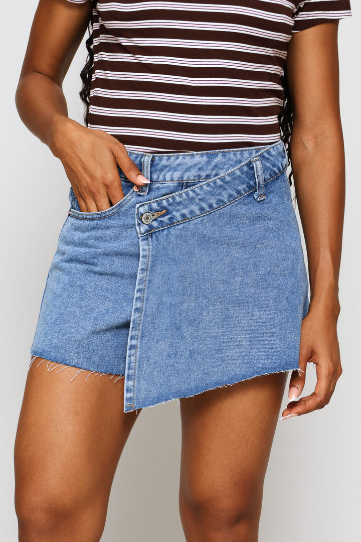 Cross Over Denim Skort - Salty Mid Wash
