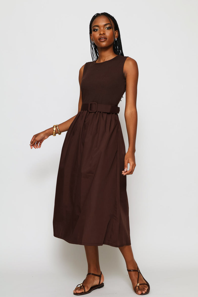 Rib Belted Combo Midi Dress - Dark Chocolate