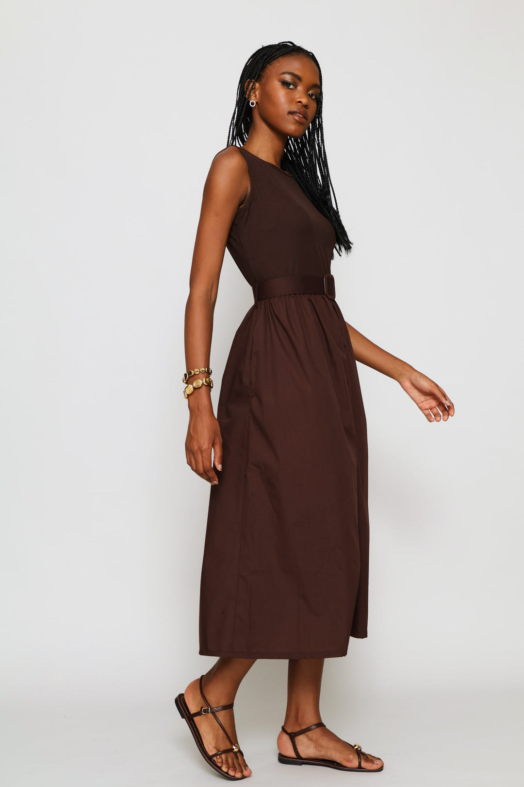 Rib Belted Combo Midi Dress - Dark Chocolate