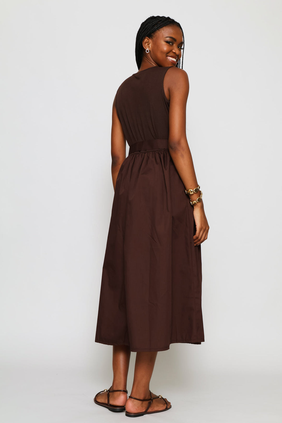 Rib Belted Combo Midi Dress - Dark Chocolate