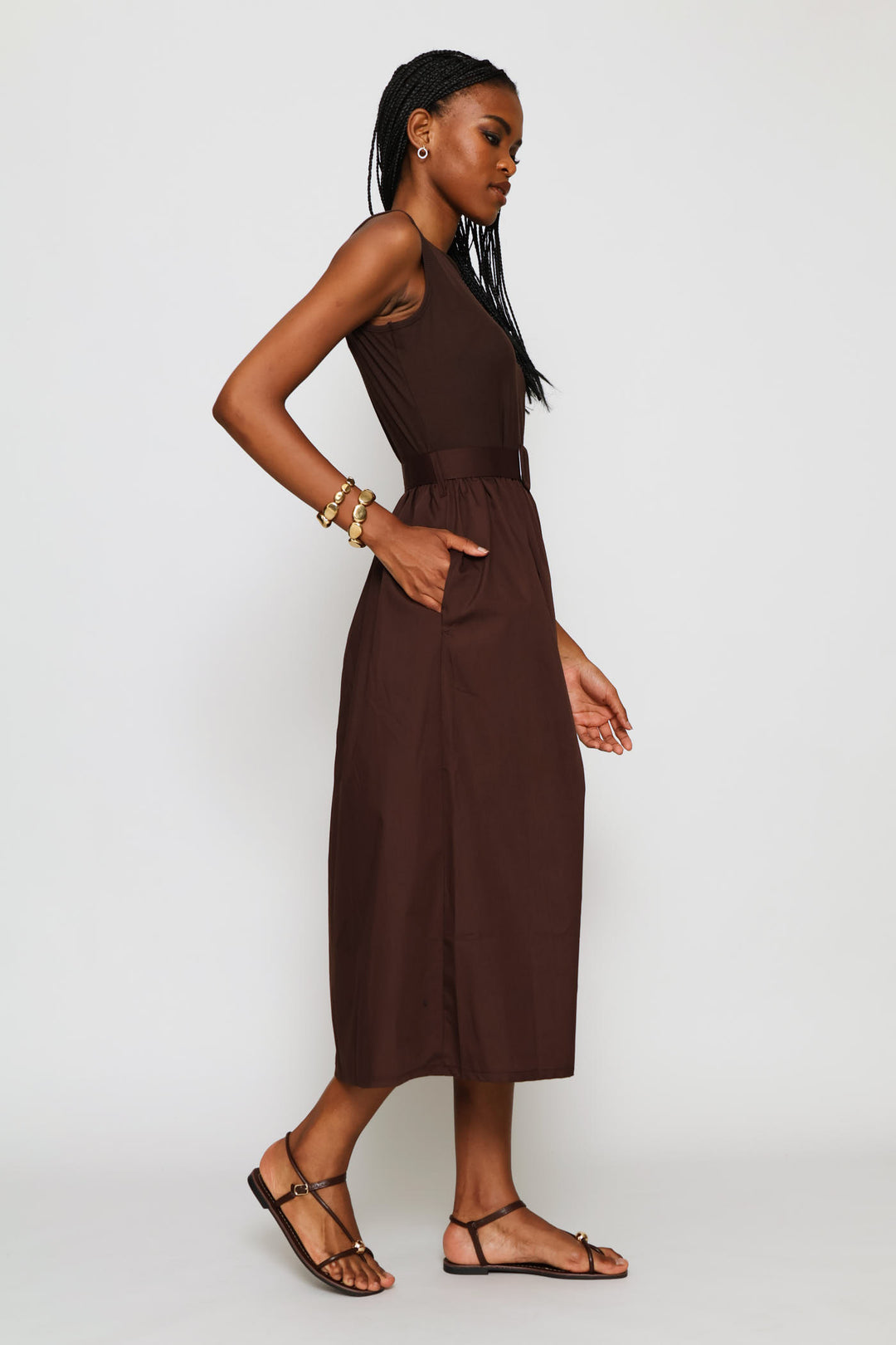 Rib Belted Combo Midi Dress - Dark Chocolate