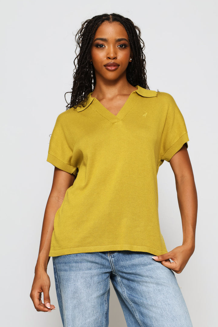 Mira Johnny Collar Knit Top - Yellow