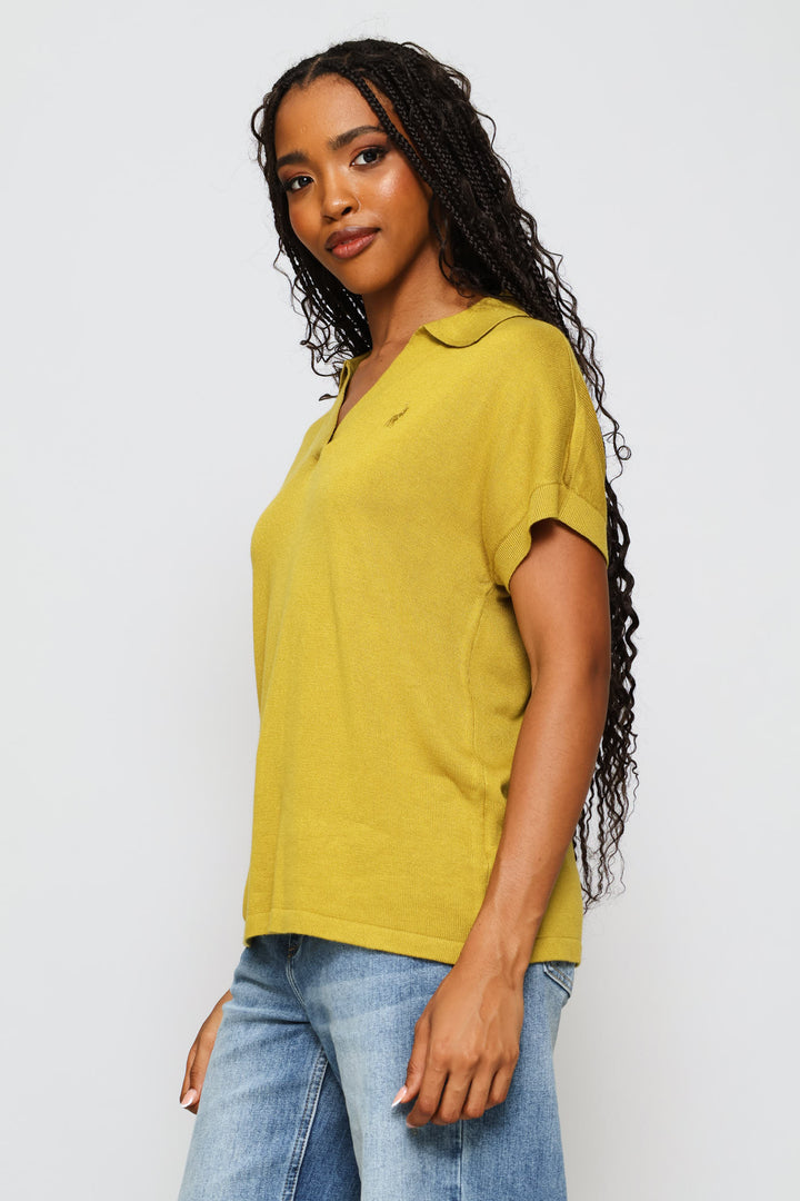 Mira Johnny Collar Knit Top - Yellow