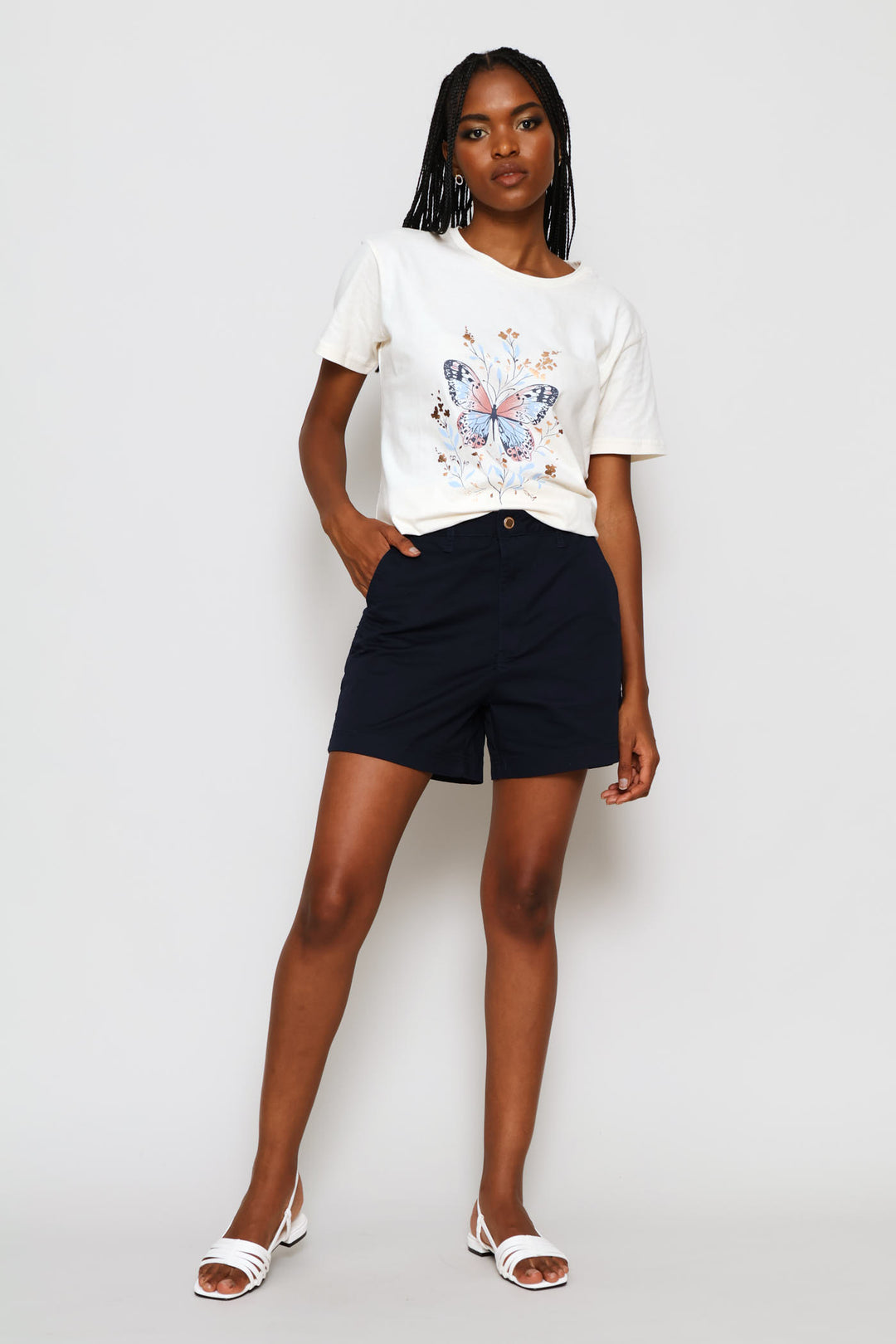 Stretch Sateen Chino Mid Thigh Shorts - Navy