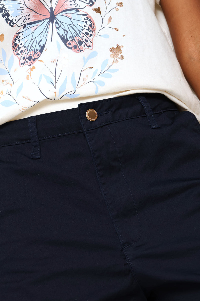 Stretch Sateen Chino Mid Thigh Shorts - Navy
