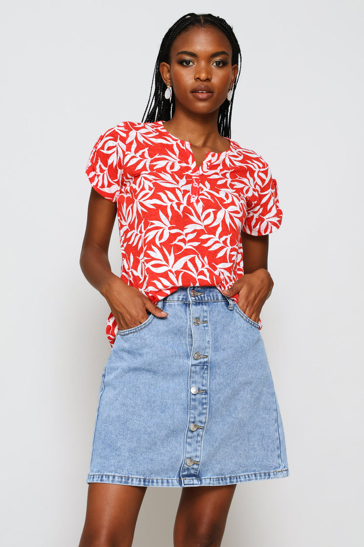 Pull-On Button Through Denim Mini Skirt - Light Wash