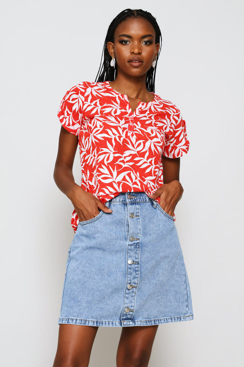 Pull-On Button Through Denim Mini Skirt - Light Wash