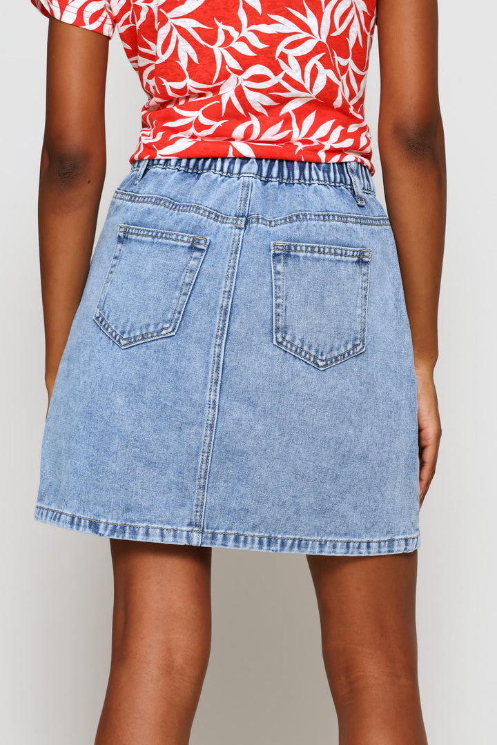 Pull-On Button Through Denim Mini Skirt - Light Wash