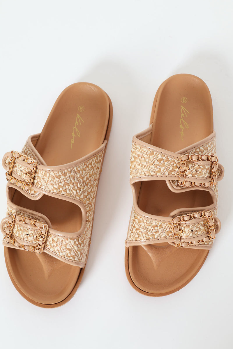 Raffia Sandal With Chain Buckle Detail - Beige