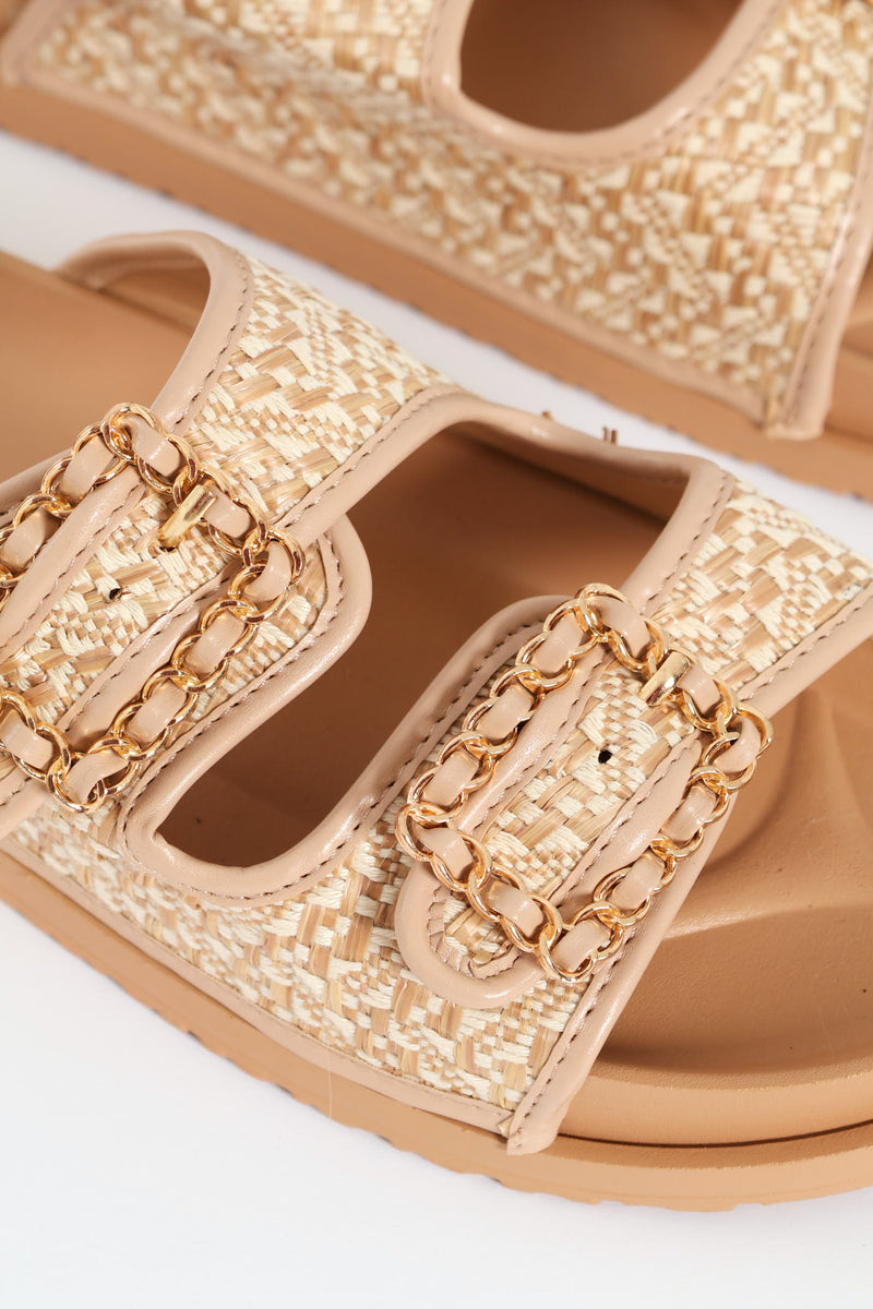 Raffia Sandal With Chain Buckle Detail - Beige