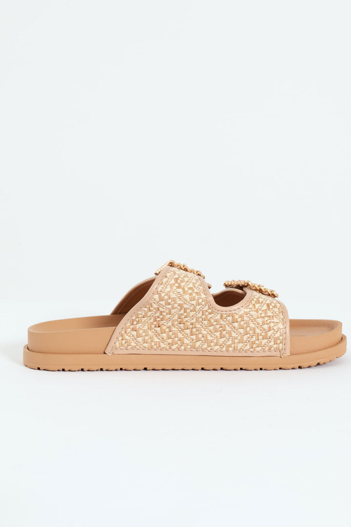 Raffia Sandal With Chain Buckle Detail - Beige