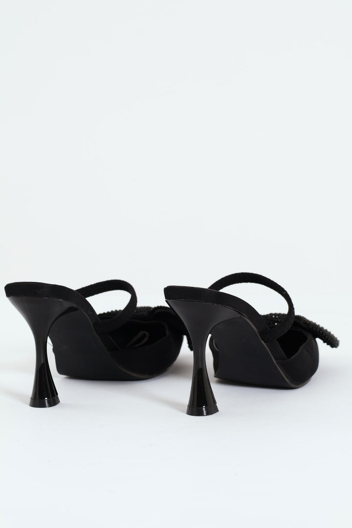 Self Colour Bow Trim Pointy Kitten Mule Heel - Black