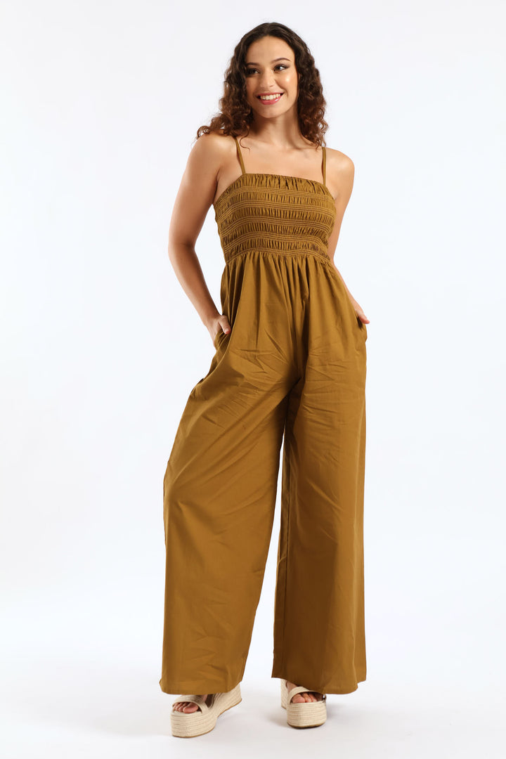 Smock Jumpsuit With Pockets - Tobacco
