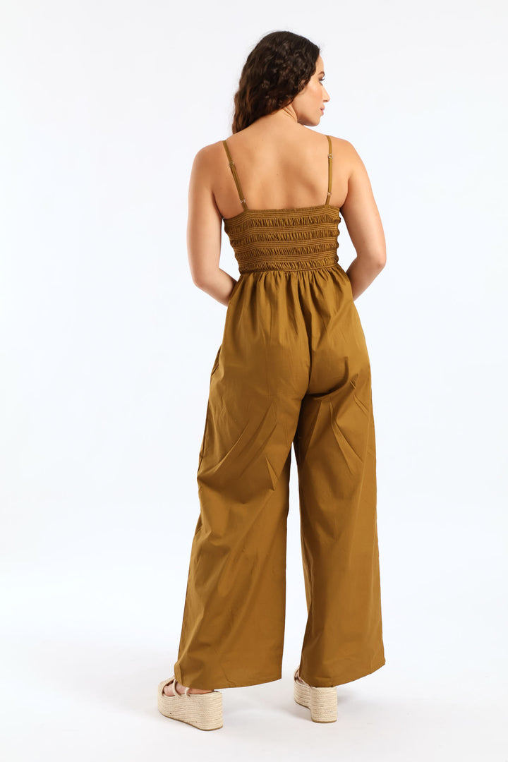 Smock Jumpsuit With Pockets - Tobacco