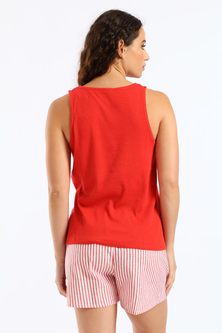 Cherry Rib Tank & Woven Short Set - Red