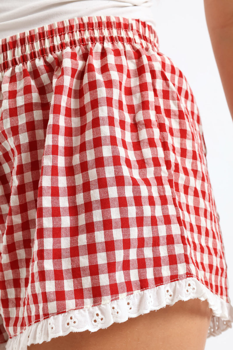 Lace Hem Detail Woven Short - White/Red