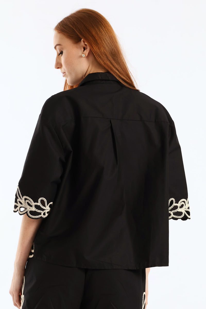 Contrast Cornelli Boxy Shirt - Black