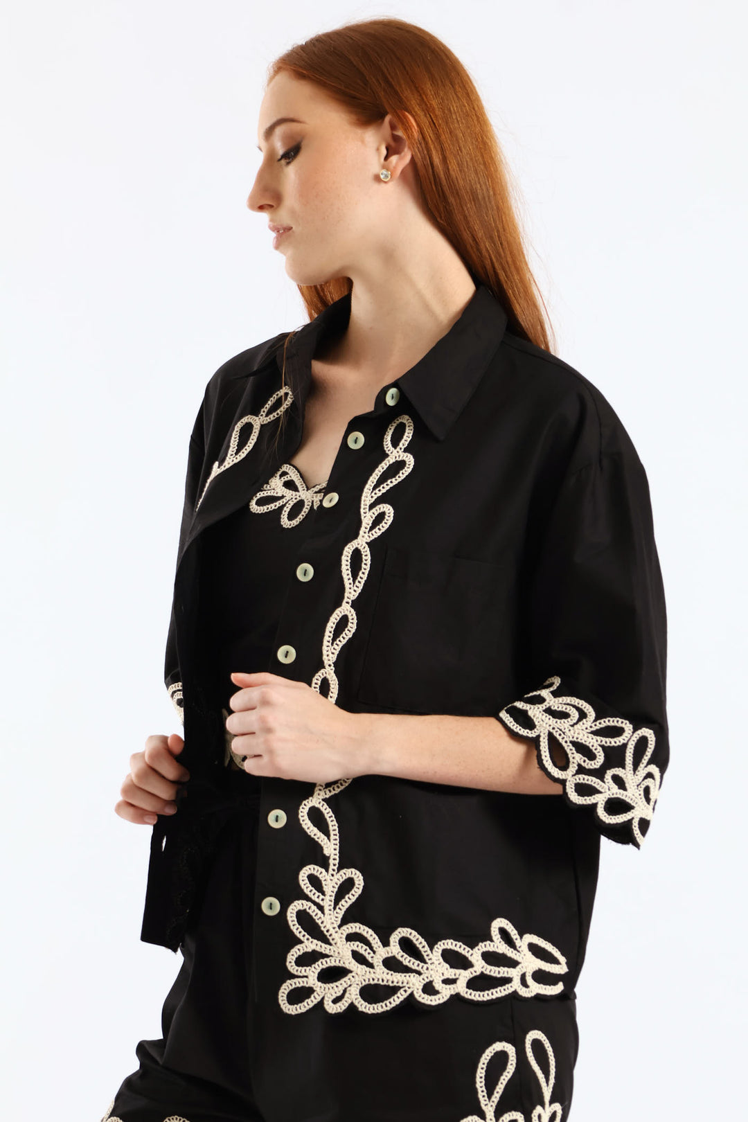 Contrast Cornelli Boxy Shirt - Black
