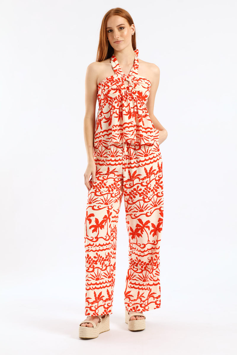 Pull-On Wideleg Pant With Ties - White/Orange