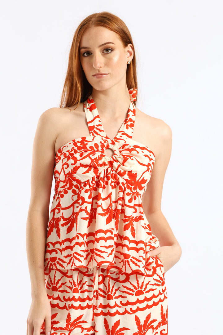 O-Ring Halter Babydoll Top - White/Orange